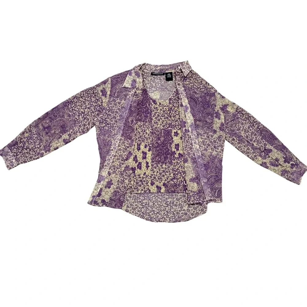 Vintage Impressions Purple Floral Paisley 2 Piece Shirt Tank Set‎ Large 90s Boho